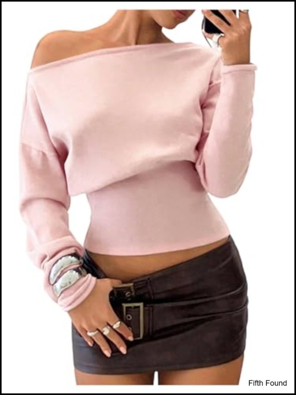 Off The Shoulder Knit Cropped Sweater Long Sleeve Asymmetric Neck